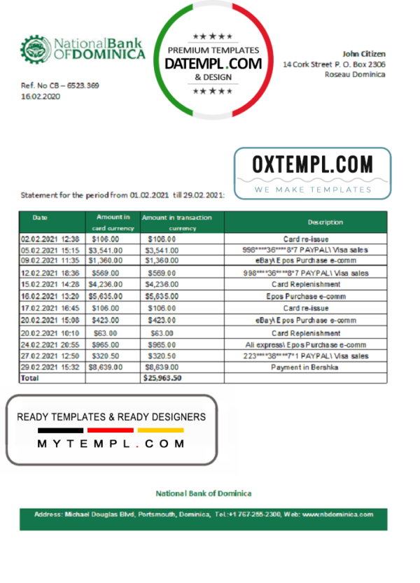 editable template, Dominica National Bank of Dominica bank statement easy to fill template in Excel and PDF format
