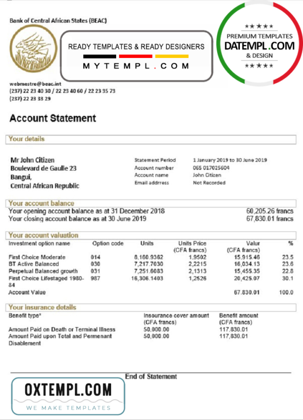 editable template, Central African Republic Bank of Central African States (BEAC) bank statement template, Word and PDF format (.doc and .pdf)