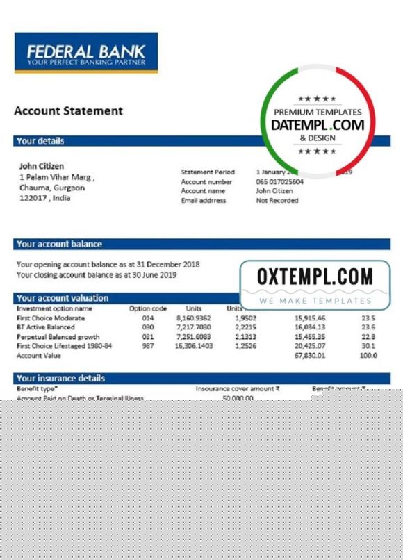 editable template, India Federal Bank proof of address statement template in Word and PDF format, .doc and .pdf format