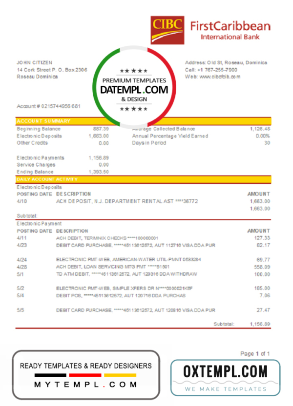 editable template, Dominica CIBC First Caribbean International Bank statement easy to fill template in .xls and .pdf file format