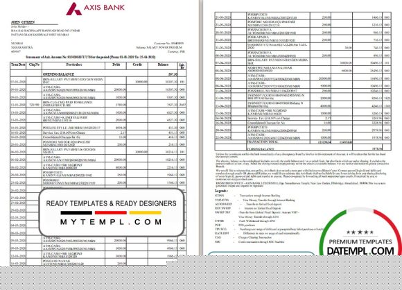 editable template, India Axis Bank statement template in .xls and .pdf file format (2 pages)