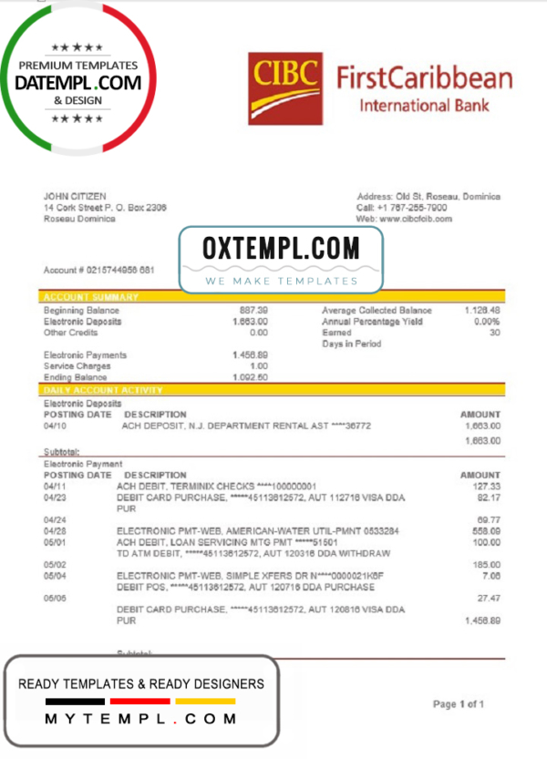 editable template, Dominica CIBC First Caribbean International Bank proof of address statement template in Word and PDF format