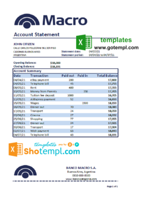 editable template, Argentina Banco Macro S. A. bank statement template in Excel and PDF format