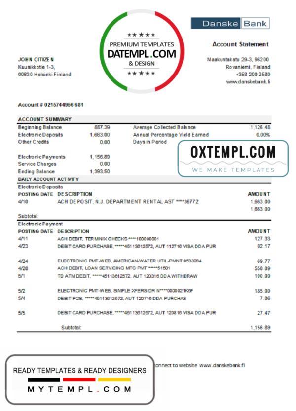 editable template, Finland Danske bank statement easy to fill template in .xls and .pdf file format