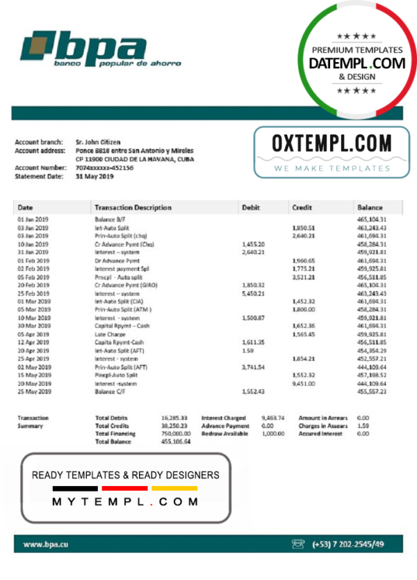 editable template, Cuba Banco Popular de Ahorro (BPA) bank proof of address statement template in Word and PDF format