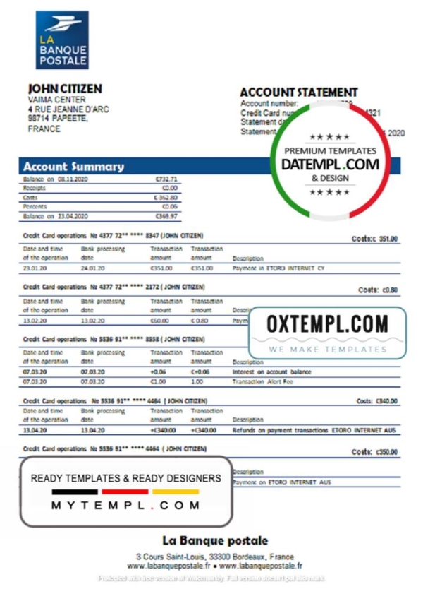 editable template, France La Banque Postale bank statement template in Word and PDF format