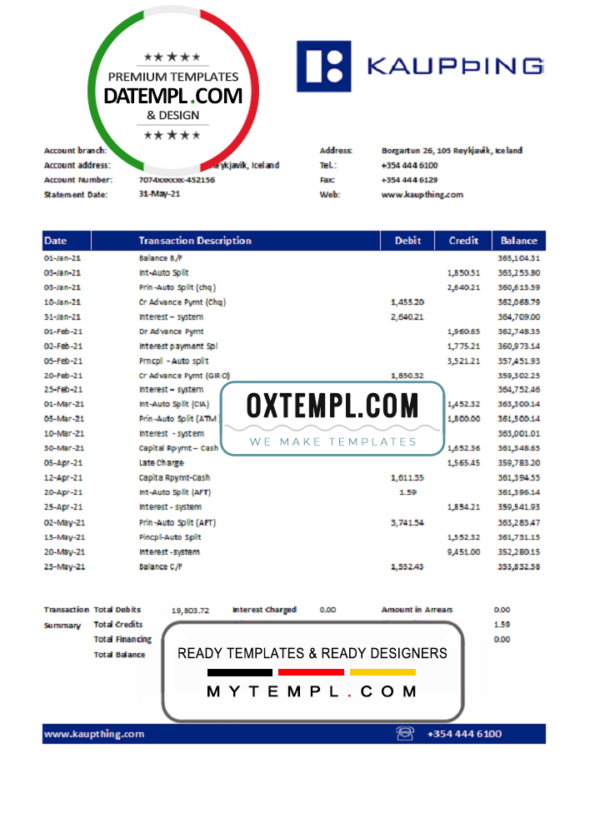 editable template, Iceland Kaupthing Bank statement easy to fill template in Excel and PDF format