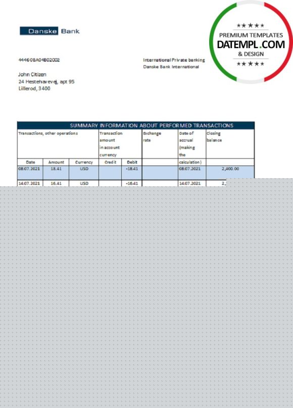 editable template, Denmark Danskebank bank statement easy to fill template in Excel and PDF format