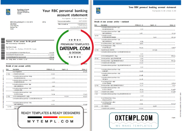 editable template, Canada Royal Bank of Canada (RBC) bank statement template in Word and PDF format (4 pages)