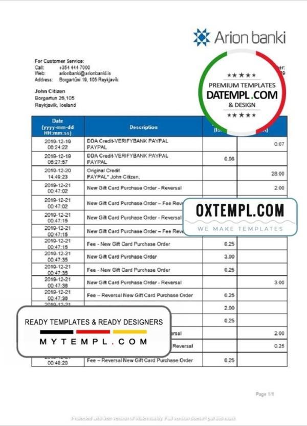 editable template, Iceland Arion Banki proof of address bank statement template in Word and PDF format