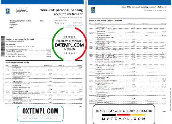 editable template, Canada Royal Bank of Canada (RBC) bank statement template in .xls and .pdf file format (4 pages) (AutoSum)