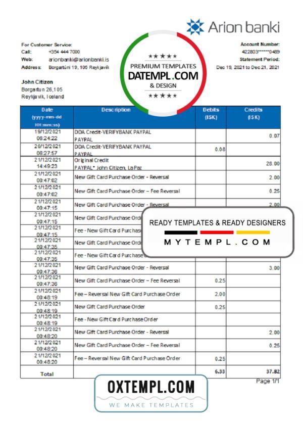 editable template, Iceland Arion Bank statement easy to fill template in .xls and .pdf file format