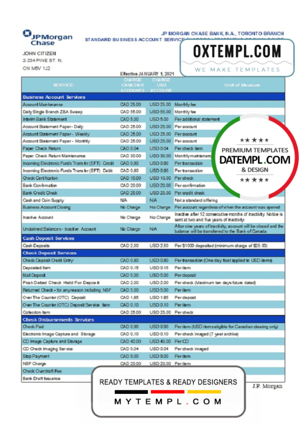 editable template, Canada JP Morgan Chase proof of address bank statement template in Word and PDF format