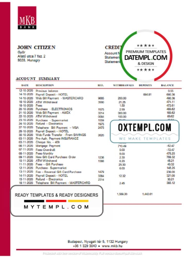 editable template, Hungary MKB Bank statement template in Word and PDF format