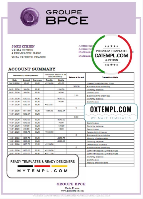 editable template, France Groupe BPCE bank statement template in Word and PDF format
