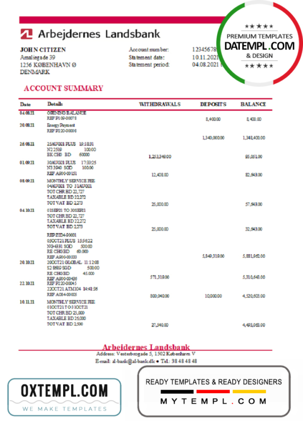 editable template, Denmark Arbejdernes Landsbank bank statement easy to fill template in Excel and PDF format