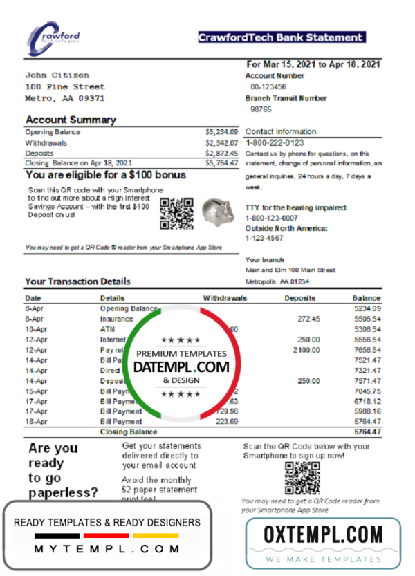 editable template, Canada CrawfordTech bank statement easy to fill template in Excel and PDF format