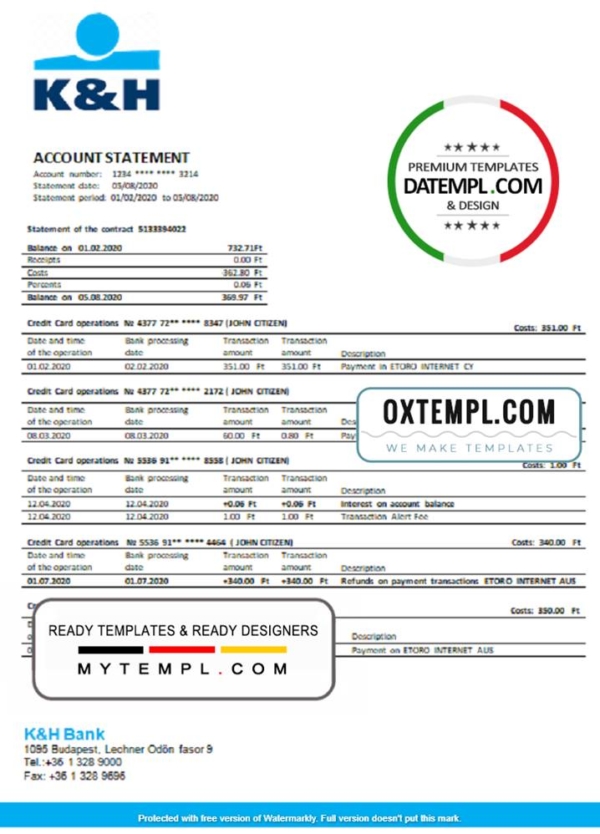 editable template, Hungary K&H Bank statement template in Word and PDF format