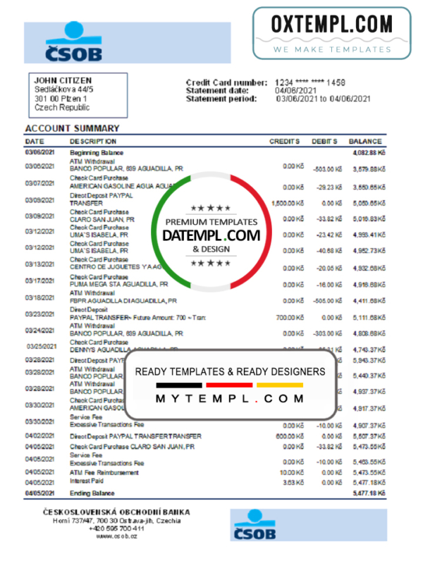 editable template, Czech Republic Československá Obchodní Banka bank statement easy to fill template in .xls and .pdf file format