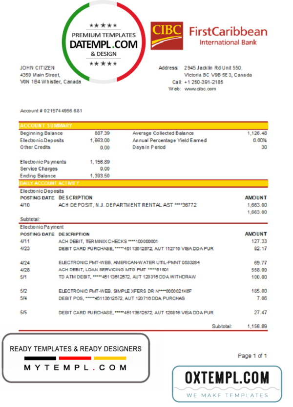 editable template, Canada CIBC Bank statement template in Word and PDF format (.doc and .pdf)