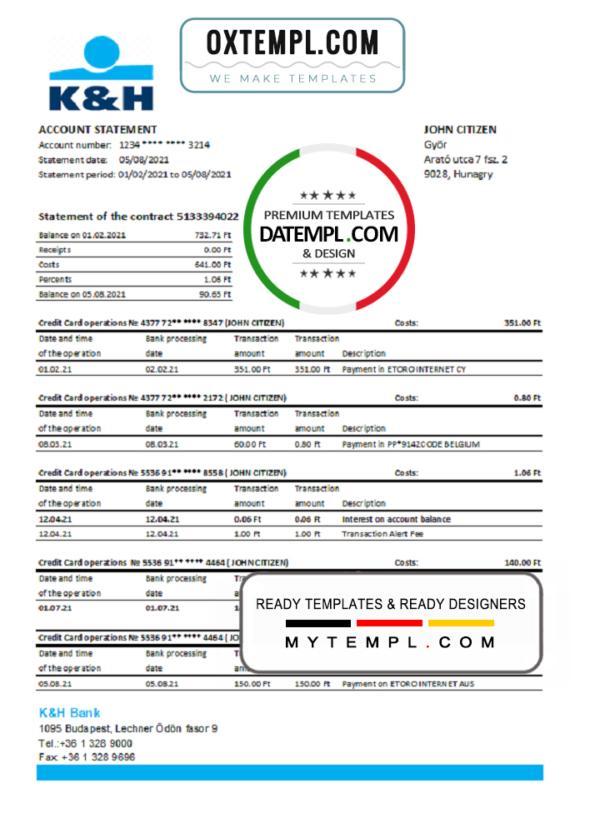 editable template, Hungary K&H Bank statement easy to fill template in Excel and PDF format
