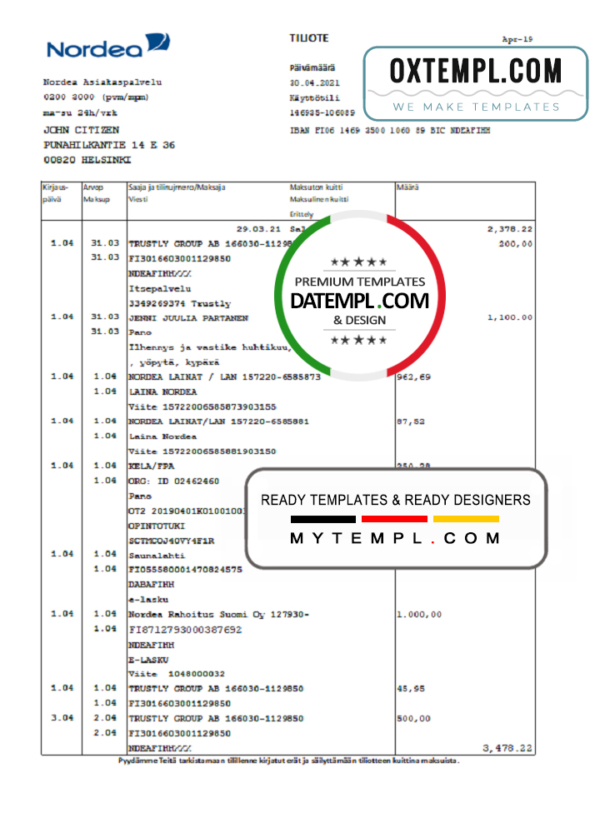 editable template, Finland Nordea bank statement template in Excel and PDF format