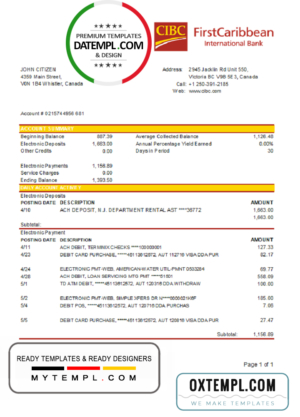 Canada CIBC Bank statement template in Excel and PDF format (AutoSum)