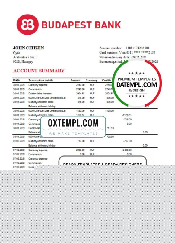 editable template, Hungary Budapest Bank - Szolnoki Fiók bank statement easy to fill template in .xls and .pdf file format