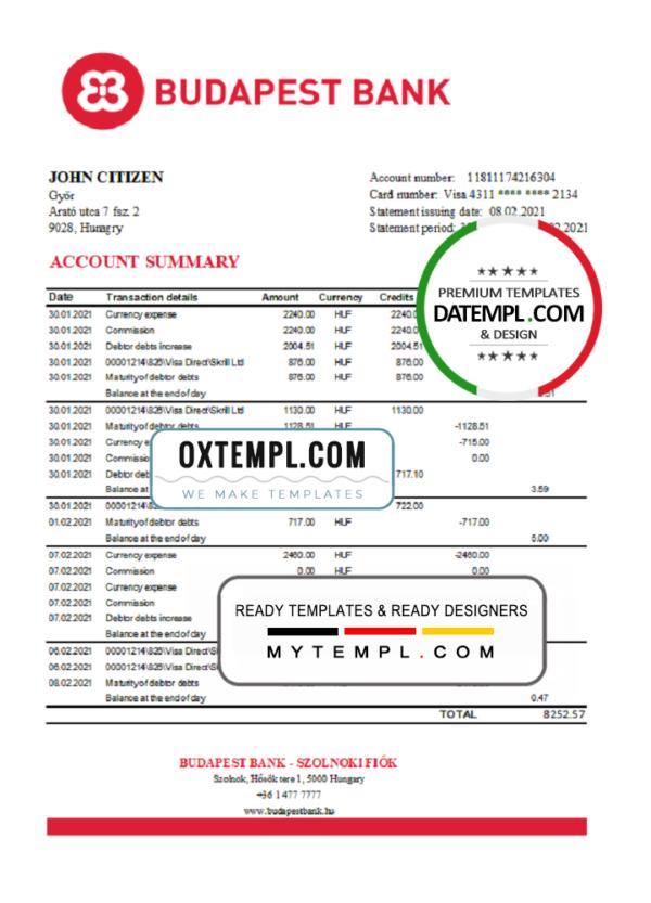 editable template, Hungary Budapest Bank - Szolnoki Fiók bank statement easy to fill template in .xls and .pdf file format
