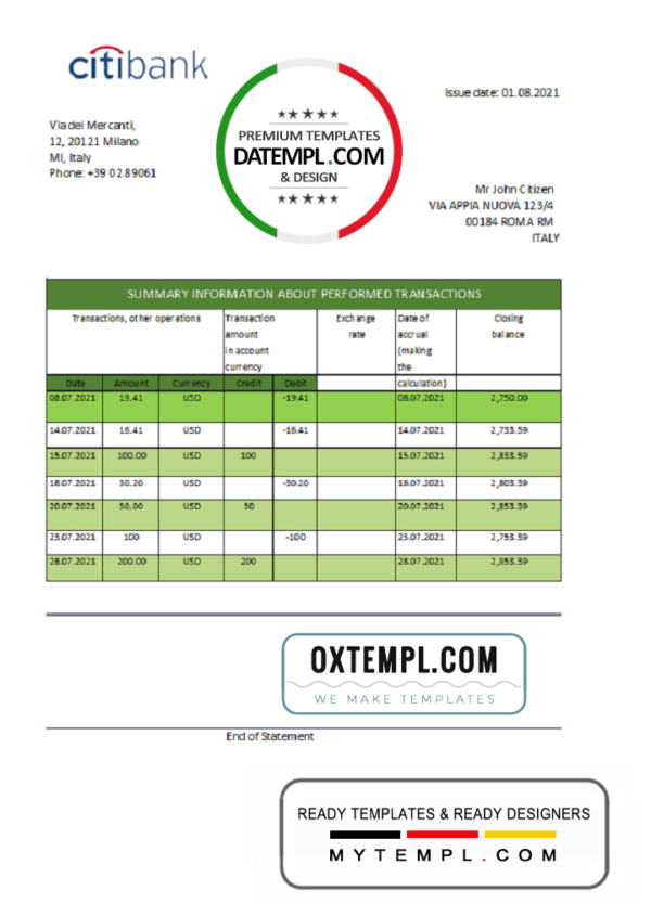 editable template, Italy Citibank bank statement easy to fill template in .xls and .pdf file format