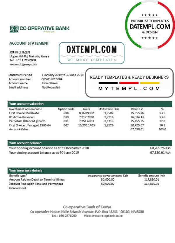 editable template, Kenya Co-Operative Bank proof of address statement template in Word and PDF format, .doc and .pdf format