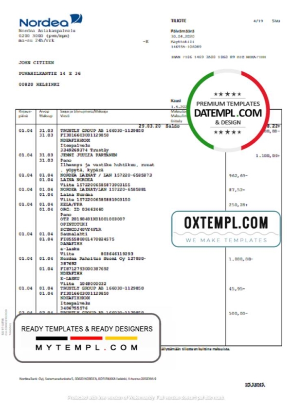editable template, Finland Nordea bank statement template in Word and PDF format