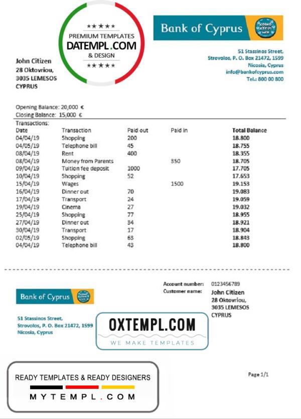 editable template, Cyprus Bank of Cyprus proof of address  bank statement template in Word and PDF format