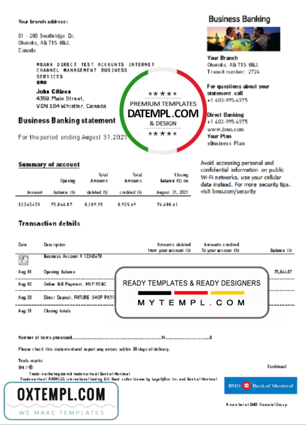 editable template, Canada BMO Bank of Montreal Bank proof of address statement template in Word and PDF format (.doc and .pdf)