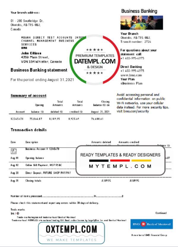 editable template, Canada BMO Bank of Montreal bank statement easy to fill template in .xls and .pdf file format (AutoSum)