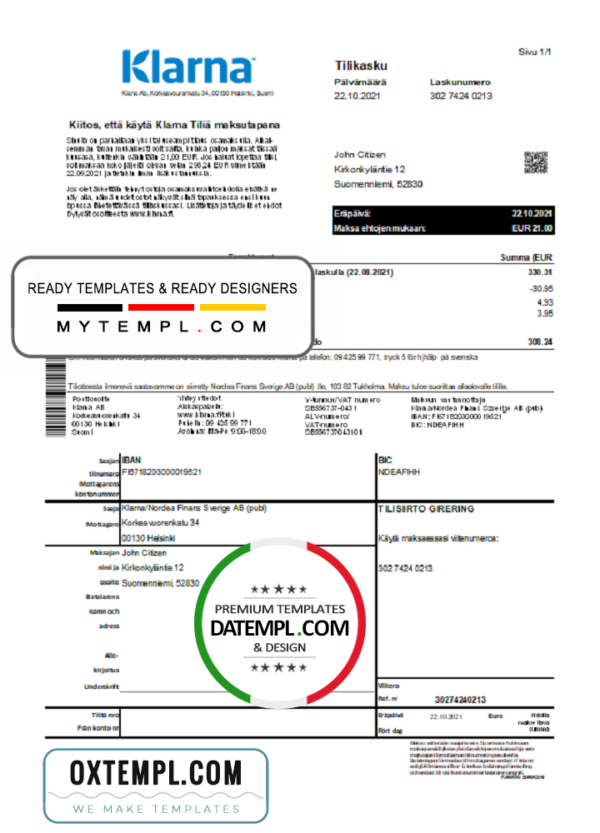 editable template, Finland Klarna Bank statement template in Excel and PDF format, in Finnish language