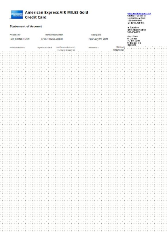 editable template, Canada American Express Air Miles Credit Card account statement template in .xls and .pdf file format (AutoSum)
