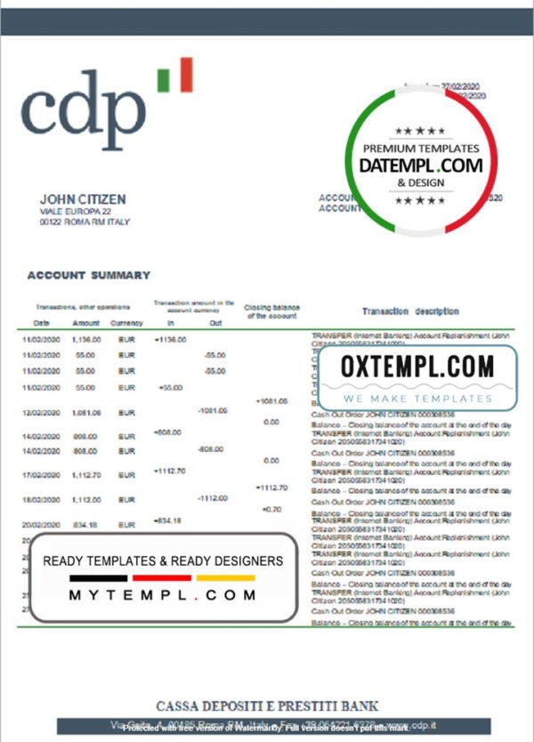 editable template, Italy Cassa Depositi e Prestiti bank statement template in Word and PDF format, fully editable