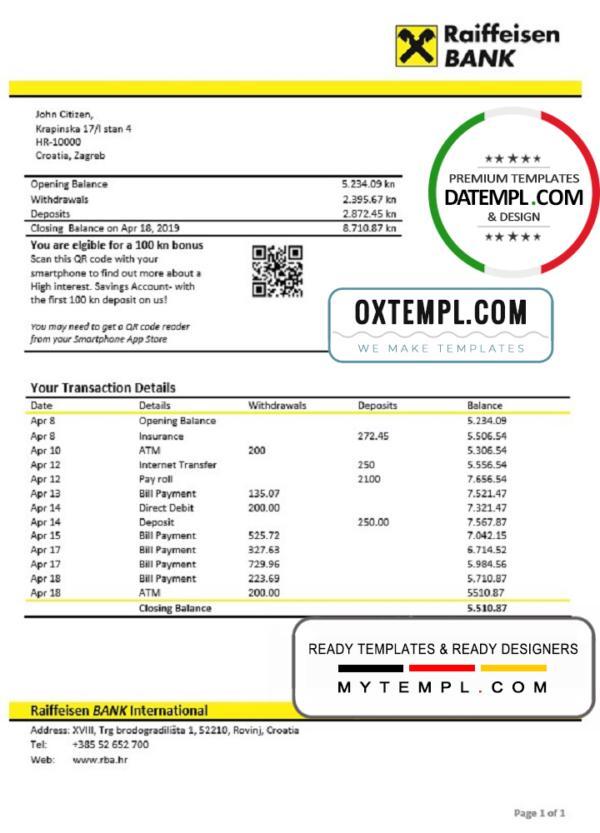 editable template, Croatia Raiffeisen Bank statement template, Word and PDF format (.doc and .pdf)