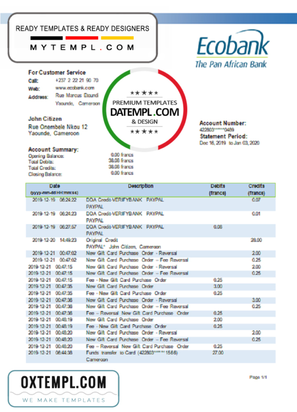 editable template, Cameroon Ecobank statement template in Word and PDF format