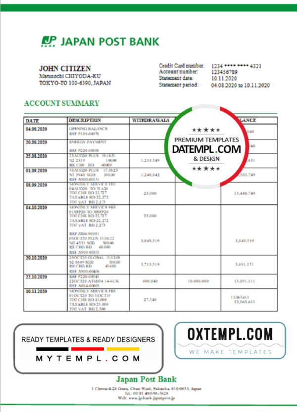 editable template, Japan Post Bank statement template in Word and PDF format, good for address prove