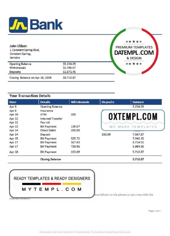 editable template, Jamaica National Bank proof of address statement template in Word and PDF format