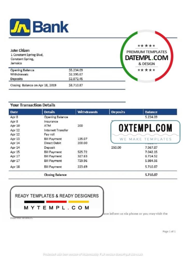 editable template, Jamaica National Bank proof of address statement template in Word and PDF format