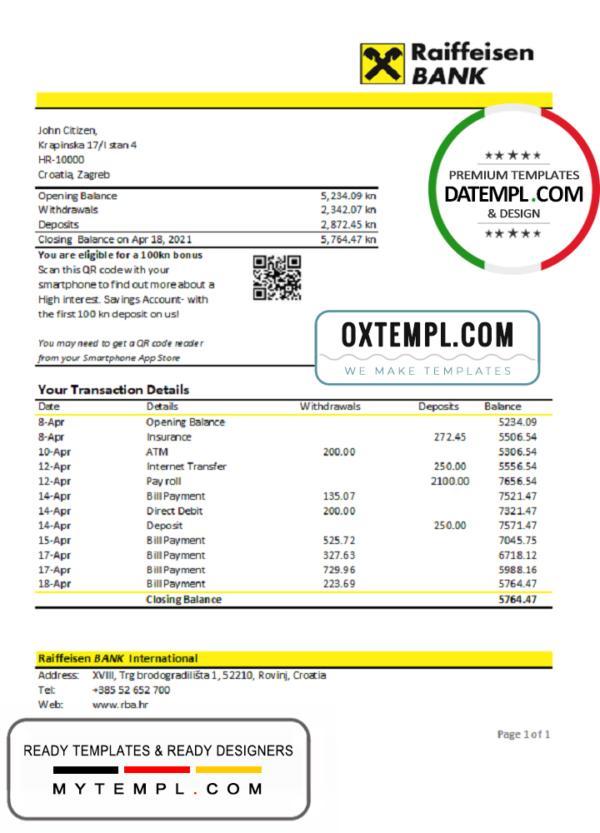 editable template, Croatia Raiffeisen Bank statement easy to fill template in .xls and .pdf file format