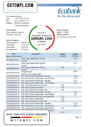 Cameroon Ecobank bank statement easy to fill template in .xls and .pdf file format