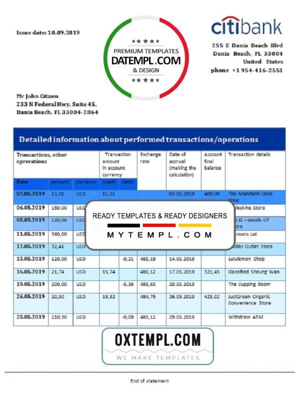 editable template, Hong Kong Citibank proof of address bank statement template in Word and PDF format