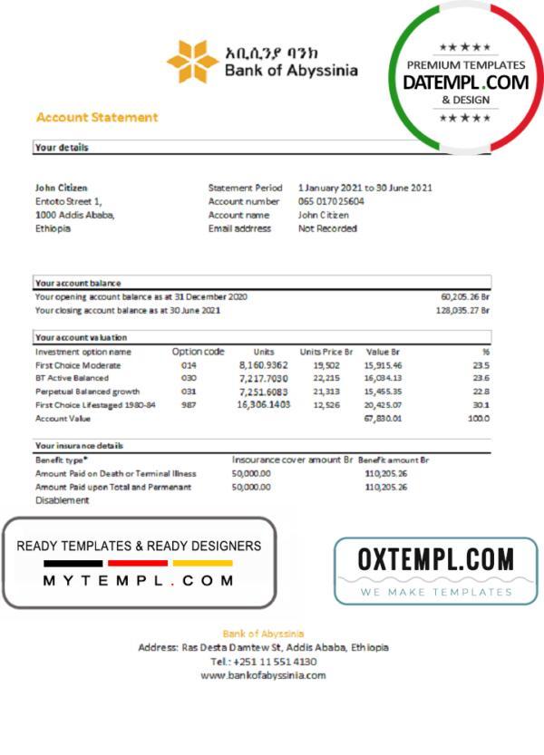 editable template, Ethiopia Bank of Abyssinia bank statement easy to fill template in .xls and .pdf file format