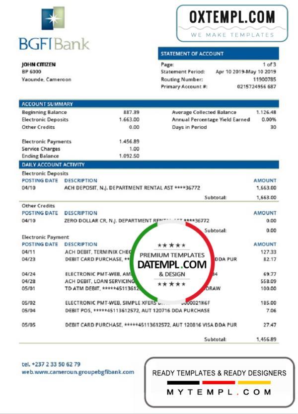 editable template, Cameroon BGFI Bank statement template in Word and PDF format