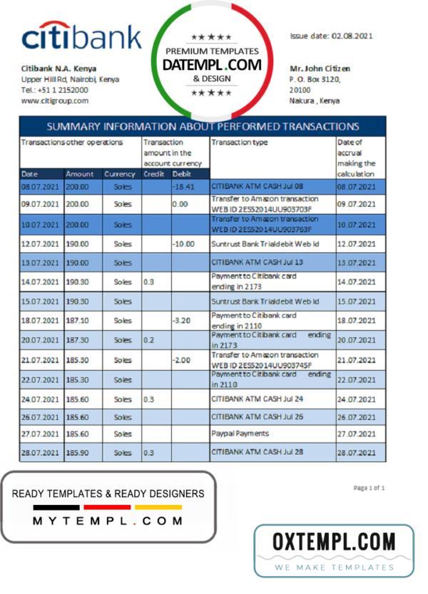 editable template, Kenya Citibank bank statement easy to fill template in .xls and .pdf file format