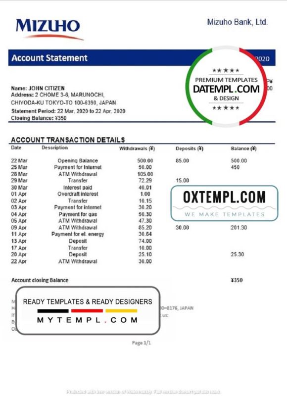 editable template, Japan Mizuho Bank statement template in Word and PDF format, good for address prove